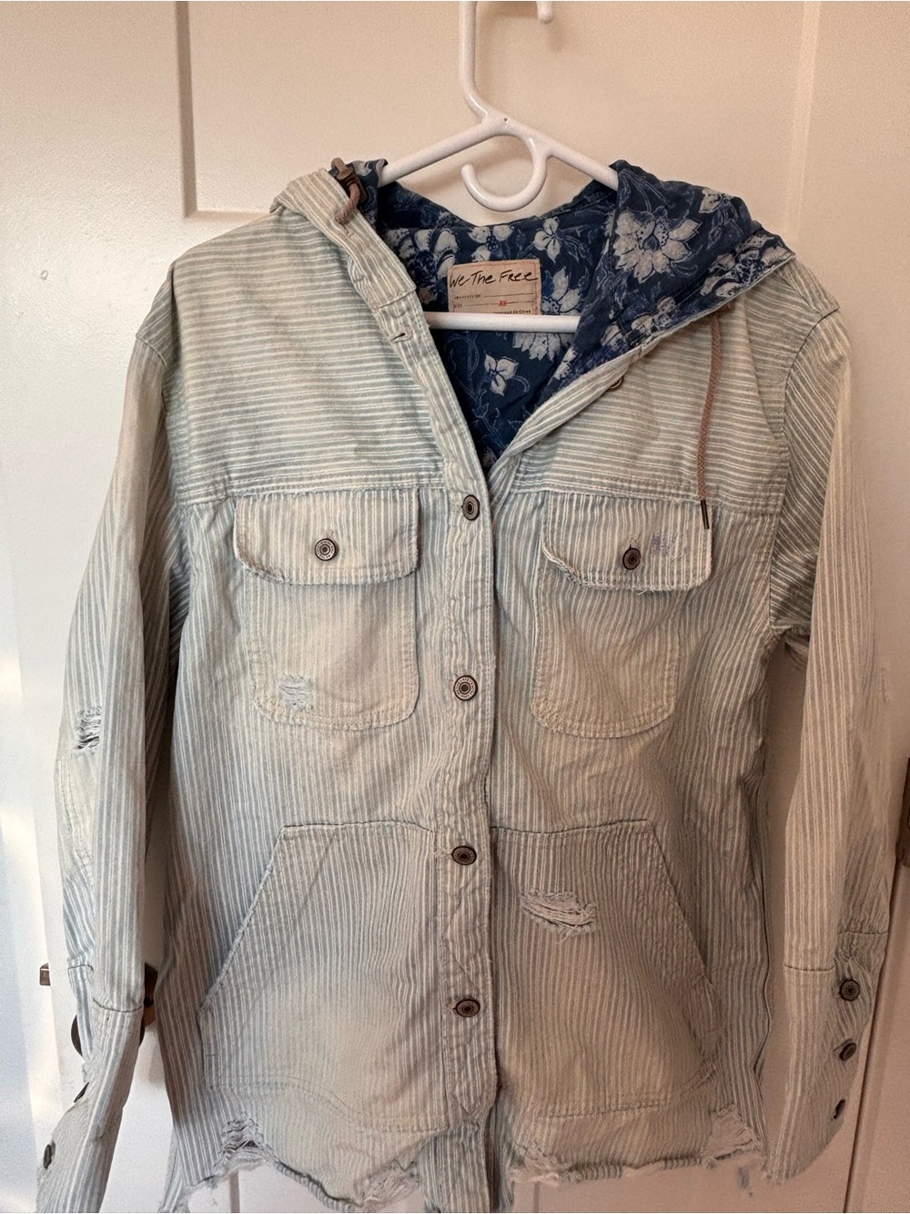 Free People We The Free Hooded Shacket Denim Striped Floral Lining Size xs